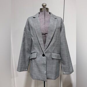 Free People Gray black plaid houndstooth Checkered Blazer oversized baggy preppy